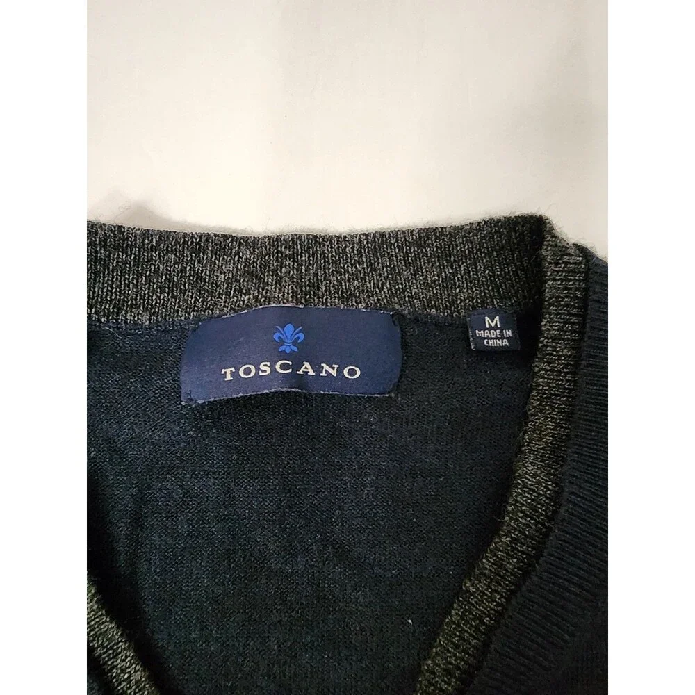 Toscano Sweater Mens Medium Navy Blue Merino Wool Blend V-neck Elbow Patches